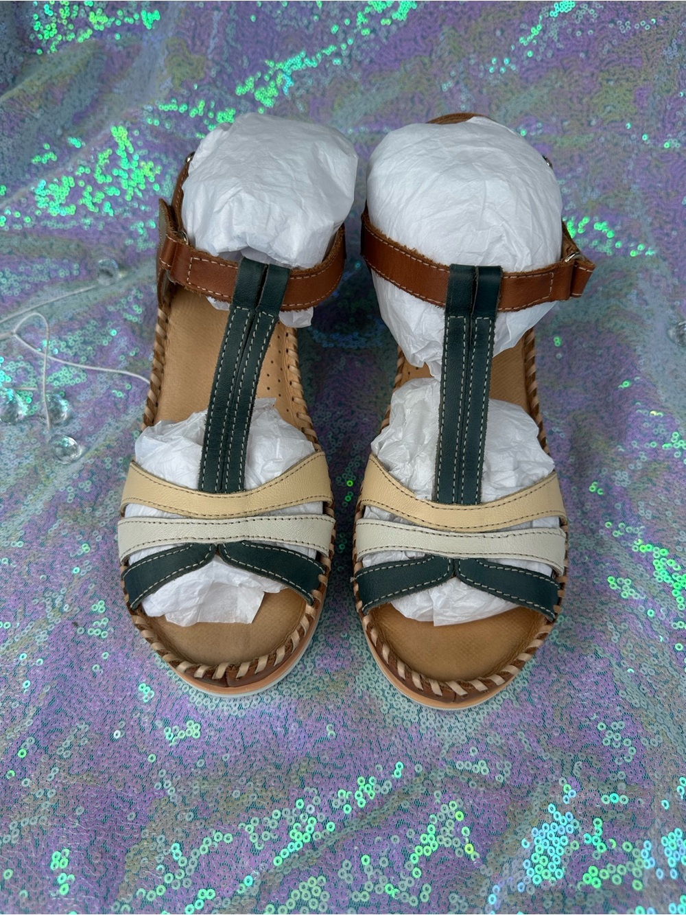 PIKOLINOS Tan Cream & Dark Green T‑Bar Leather Sandals